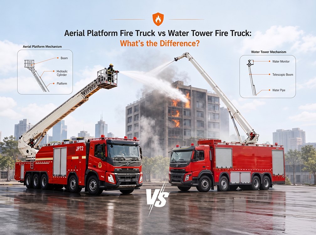 Caminhão de combate a incêndio com plataforma aérea vs caminhão de combate a incêndio com torre de água: qual é a diferença?